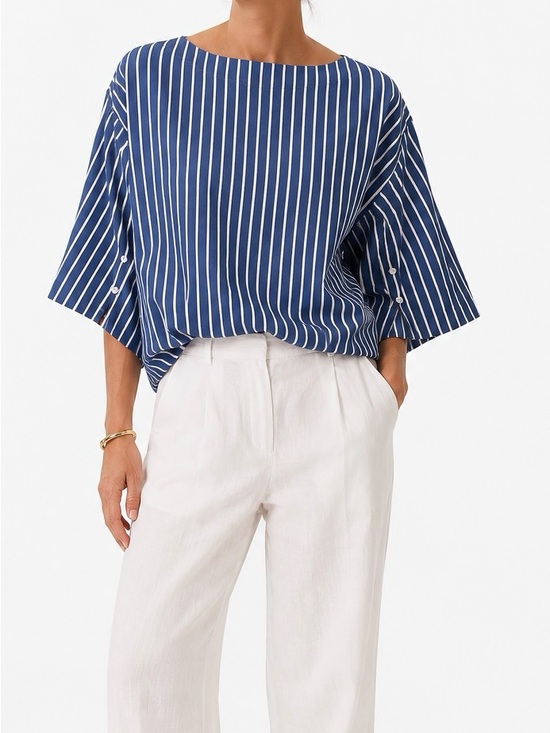 J. Crew Tops - J.Crew Ciel Striped Cotton Poplin Boatneck Side Button Top Blue White XS